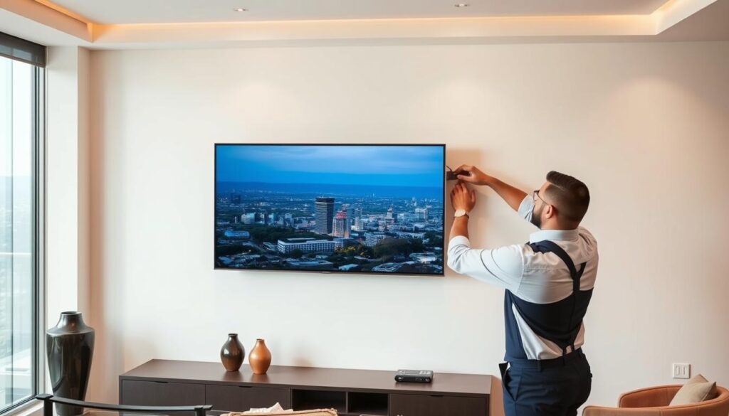a professional well lit image of a sleek modern living room with a large flat screen tv 1024x585